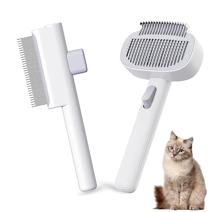 Pet Grooming Combo with Release Button - 2-in-1 Pet Detangling Brush and Cat Dematting Comb with Long & Short Stainless Steel Metal Teeth Easy to Remove Loose Undercoat,Matted Fur & Tangles