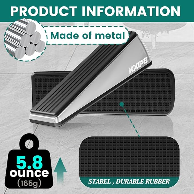2 Pack Rubber Door Stopper Wedge - Heavy Duty Door Stoppers Stop Wedge Made of Premium Quality Brushed Stainless Steel, Wall Protector for Home & School with Self Adhesive Holder Matt Chrome