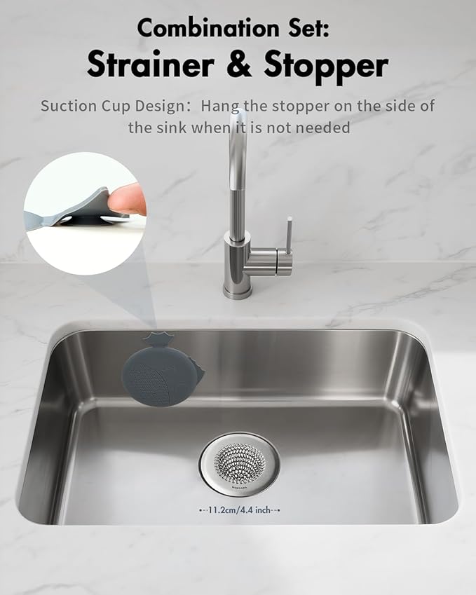 Revolutionary Kitchen Sink Drain Strainer& Sink Stopper/Patented Reversible Chain Mesh, Effortless Cleaning & Debris Catcher, Large Capacity, No Clog, 304 Stainless Steel & Rust-Proof
