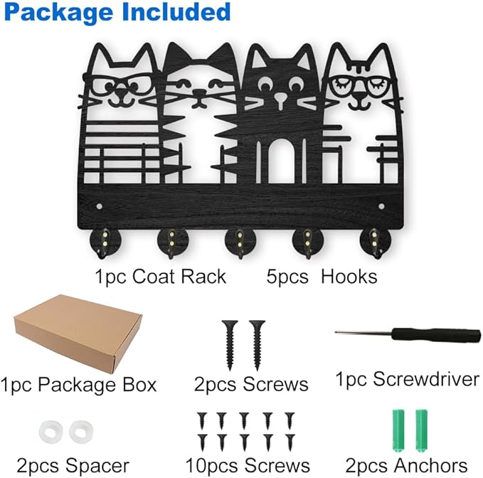 MAYJOYDIY Cat Coat Hooks Wall Mount 4 Cat Wearing Glasses Wood Key Holder for Wall 11.8×7.9inch Black Pet Animal Wall Art Decor Key Hooks 5 Alloy Hooks for Gift Entryway Living Room Kitchen Office