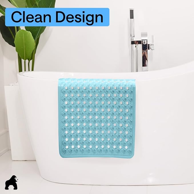 GORILLA GRIP Patented Square Shower Stall Mat, Small Bathtub Floor Mats for Stand Up Showers, Suction Cups and Drainage Holes, Machine Wash, Soft on Feet, Bathroom Accessories 21x21 Inch, Turquoise