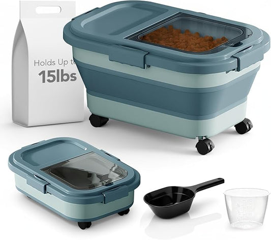 Summark 15 Lbs Dog/Cat Food Storage Container,Collapsible Food Storage Containers with Rolling Wheel Airtight Locking Lid,Pet Food Storage Container with Cup and Scoop,Blue