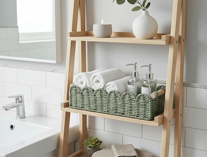 CubesLand Bathroom Basket Organizer, Toilet Tank Paper Storage Baskets 2-Pack, Scalloped Decorative Basket for Countertop w/Handle, Wicker Basket for Bathroom Decor, Home Decor, Living Room, Green