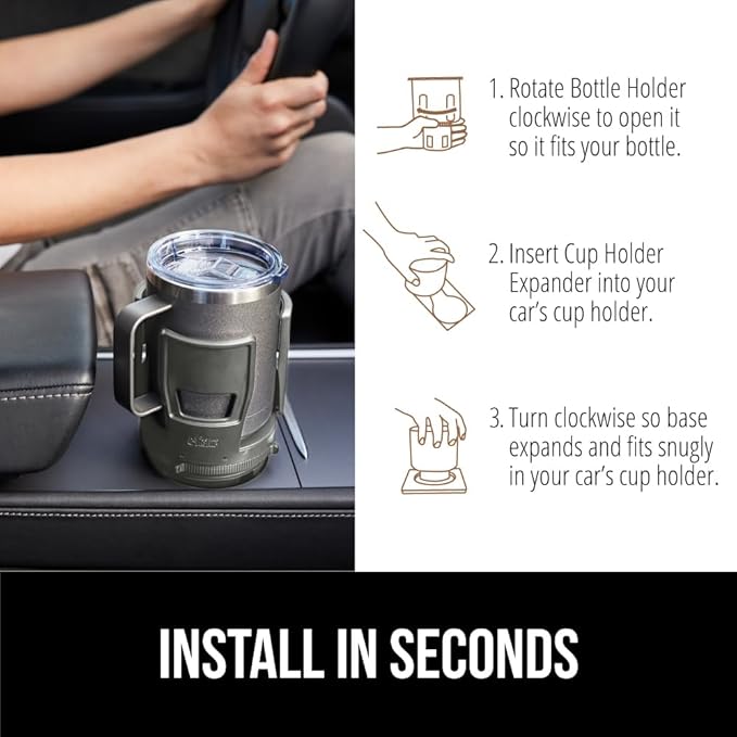 GORILLA GRIP Patent Pending Car Cup Holder Expander, Keeps Large Drink Cups Secure, Expands Fits Yeti, HydroFlask, Stanley 18 to 48oz Large Water Bottles, Coffee Mug, Adjustable Arms Insert, Gray