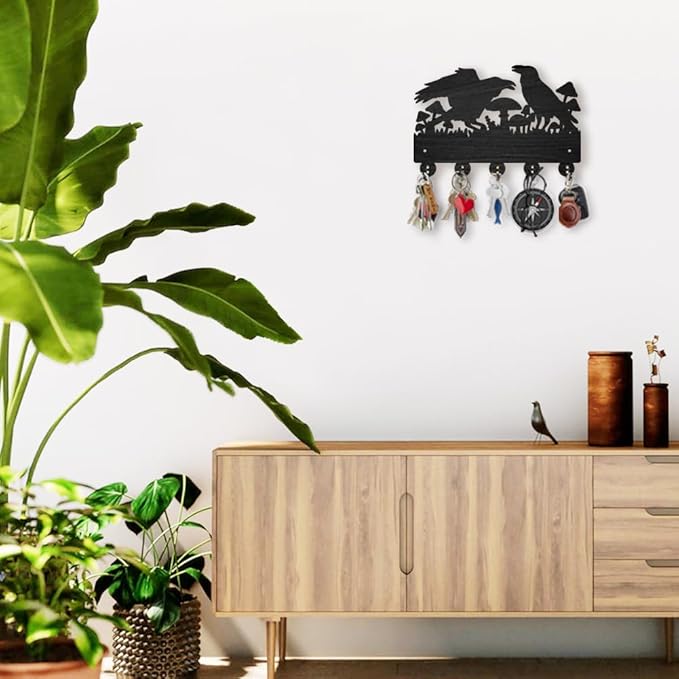MAYJOYDIY Crow Coat Hooks Wall Mount Black Crow Mushroom Wood Key Holder for Wall 11.8×7.9inch Black Wall Art Decor Key Hooks 5 Alloy Hooks for Gift Entryway Living Room Kitchen Office