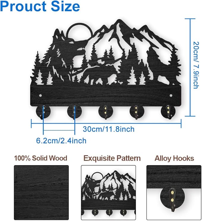 MAYJOYDIY Wood Wolf Forest Coat Rack Wall Mount Mountain Tree Key Holder for Wall Animal Sun Wall Hook 11.8×7.9inch Decorative Bear Hook 5 Alloy Hooks for Gift Entryway Living Room Farmhouse Cabin