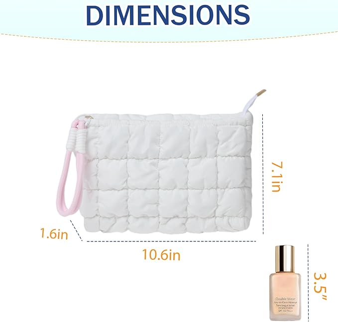 Puffy Quilted Makeup Bag Cosmetic Bag Equipped with a Detachable Handle Cute Zipper Pouch for Storage Clutch for Women(White)