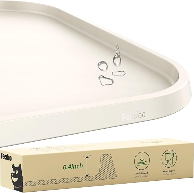 Pet Feeding Mat [Warped Resistant Raised Edge], Water-Proof Silicone Placement for Food Water Bowls, Anti-Slip Base Protect Floor, BPA-Free&Dishwasher-Safe [18.5x11.5inch Medium, Sand White]