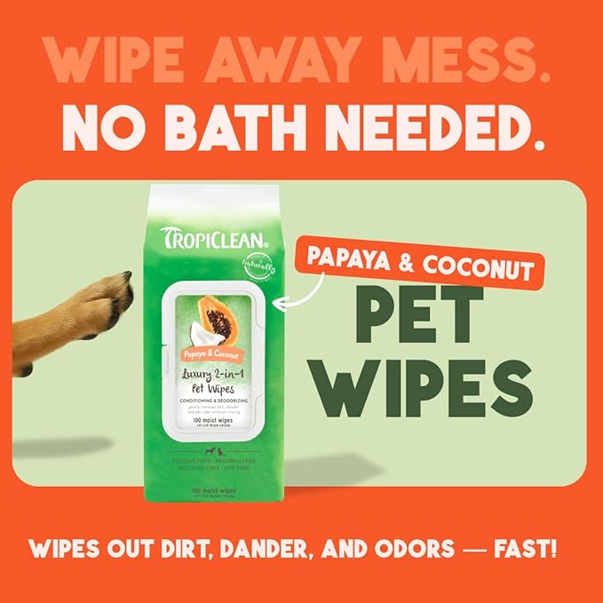 TropiClean Papaya & Coconut Dog Wipes for Paws and Bottom | Deep Cleaning Dog Grooming Wipes | Safe for The Face | Cat Friendly | 400 Count