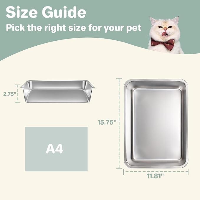 2 Pack Low Entry Stainless Steel Cat Litter Box for Senior Cats, Metal Shallow Litter Box, Easy Access Kitty Litter Pan Tray, Easy Cleaning,Non Stick-15.75''Lx 11.81'' W x2.76'' H