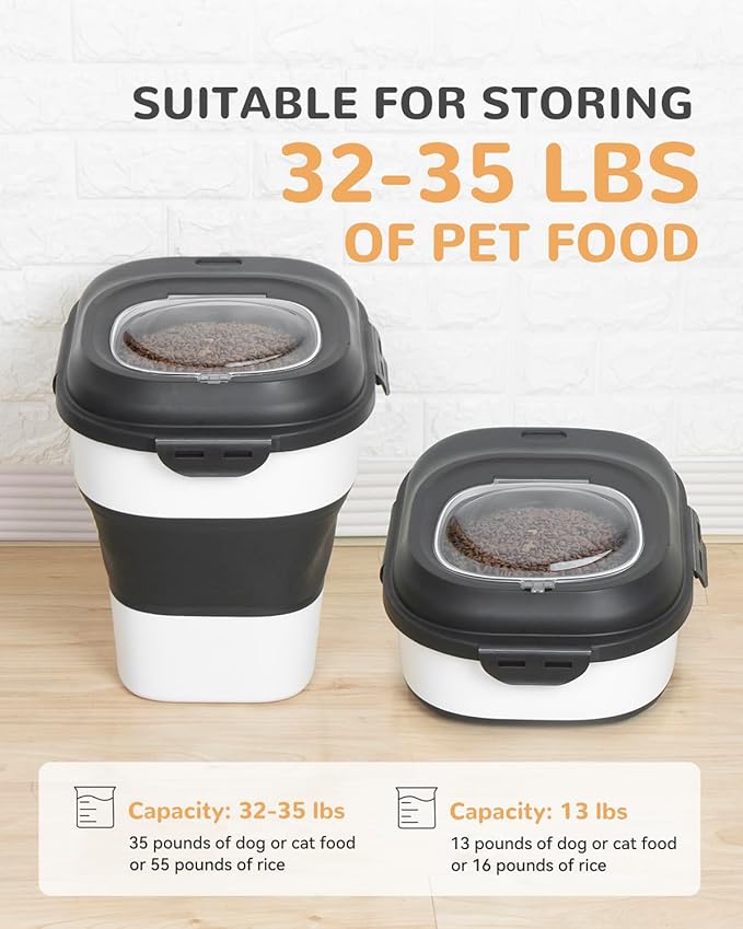 DDMOMMY 30-35 Lbs Dog Food Storage Container Collapsible Dog Food Container with Airtight Lids, Wheels, Scoop and 2pcs Food Storage Containers, Large Pet food storage for Dog, Cat (Black)