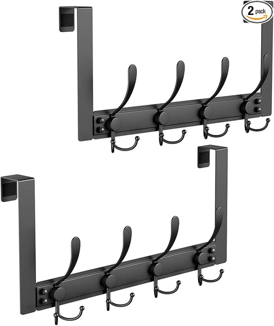 2 Packs Over The Door Hooks with 4 Tri Hooks, Heavy Duty Over Door Hanger for Bathroom Closet Bedroom Kitchen Dorm Room, Towel Coat Rack Home Organizer for Hanging Clothes Coat Hat Jacket (2, black)