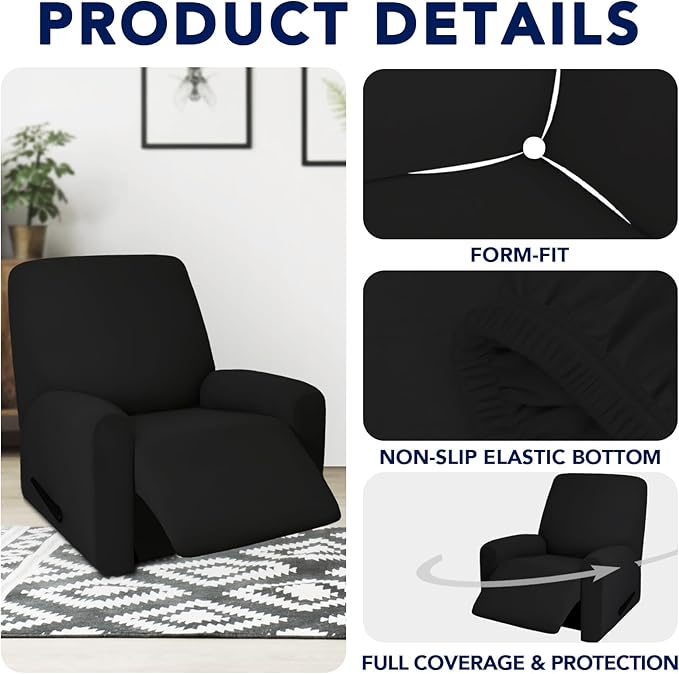 PureFit 100% Dual Waterproof Couch Cover Slipcovers for Couches and Sofas - Stretch Non Slip Fleece Sofa Covers Washable, Leakproof Furniture Protector for Kids, Pets, Dog (Recliner, Black)