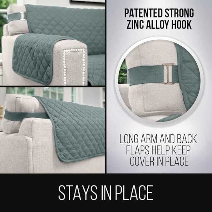 Sofa Shield Chaise Slip Cover with Patented Strap, Cushion Protector, US Designed Reversible Stain and Dog Tear Resistant Slipcover, 102x34 inch Seat, Washable Covers for Dogs Pets, Seafoam Cream