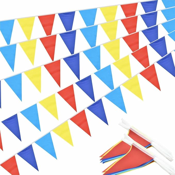 Red Blue Yellow Pennant Banner Triangle Flag Bunting Garland Decorations for Carnival Circus Clown Grand Opening Wedding Kids Birthday Baby Shower Outdoor Garden 60Feet 64 pcs