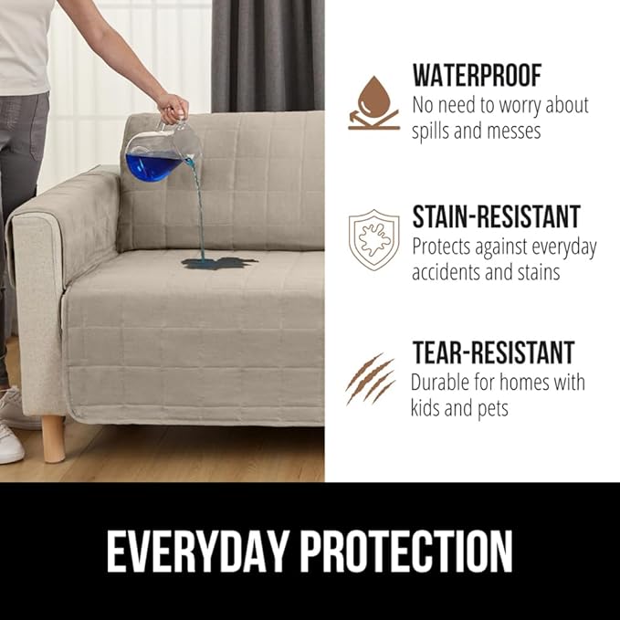 GORILLA GRIP Patented Waterproof Slip-Resistant 50” Loveseat Protector Cover, for Leather or Fabric Couch Cushion, Large Microsuede Furniture Covers Dogs Pets Machine Washable Slipcover, Taupe