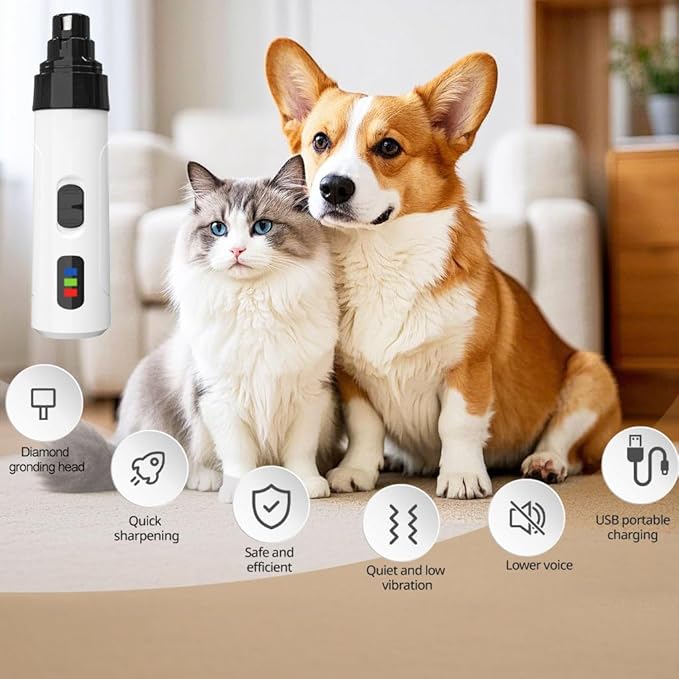 Upgraded Quiet Dog Nail Grinder, Professional 2-Speed Rechargeable Pet Nail Trimmer for Small/Medium/Large Dogs & Cats, Painless Paw Grooming with 2 Replacement Grinding Heads