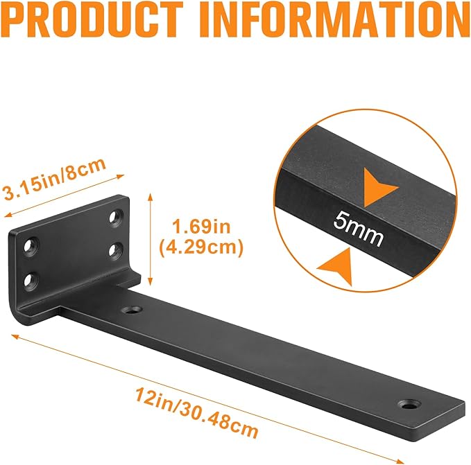 Floating Shelf Brackets 12 inch 8 Pack L Brackets for Shelves Black Metal Heavy Duty Shelf Bracket for DIY Decorative with Mounting Hardware