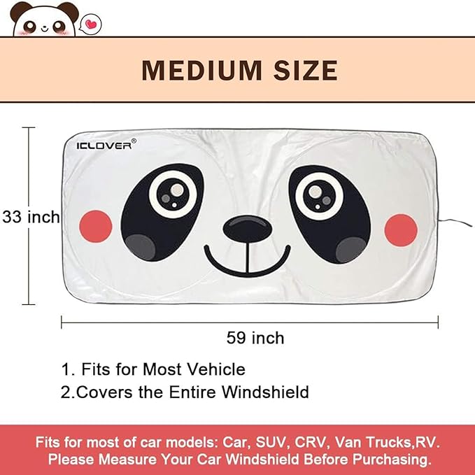 IC ICLOVER Car Windshield Sunshade with Pet Design, Cute Cartoon Design Front Auto Car Windshield Sun Shade Folding Silvering Sun Visor - UV Coating for UV Ray Deflector (Panda)