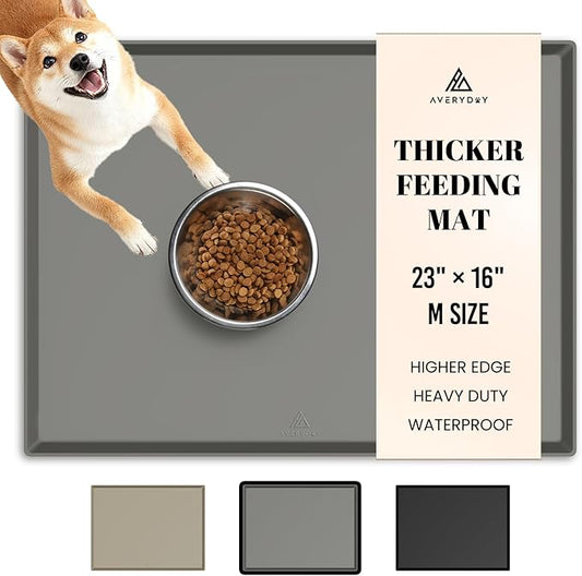 AVERYDAY 23x16'' Silicone Dog Mat for Food and Water, 0.63'' Edge Dog Food Bowl Mats for Floor Waterproof, Dogs Water Mat for Sloppy Drinker, Non Slip Rubber Pet Feeding Mats for Indoor Dogs and Cats