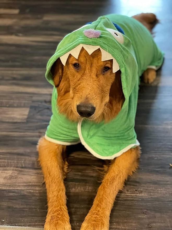 BoxDog Wearable Microfiber Dog Towel with Monster Hoodie | Soft Dog Bathrobe (Medium)
