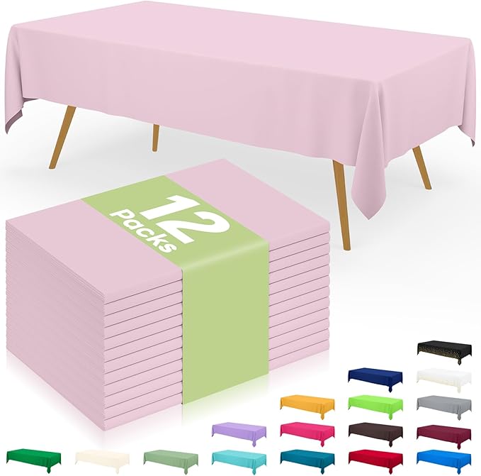 Smiry Disposable Table Cloth 12 Pack, 54 x 108 Inch Waterproof Plastic Tablecloth, Decorative Rectangle Table Covers for Party, Birthday, Picnic, Pink