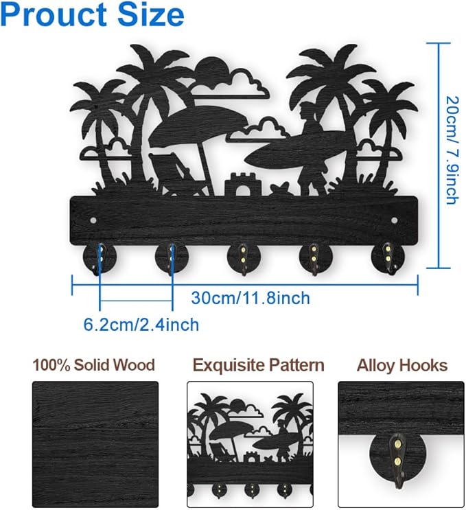 MAYJOYDIY Beach Coat Hooks Wall Mount Summer Coconut Tree Wood Key Holder for Wall 11.8×7.9inch Black Wall Art Decor Key Hooks 5 Alloy Hooks for Gift Entryway Living Room Kitchen Office
