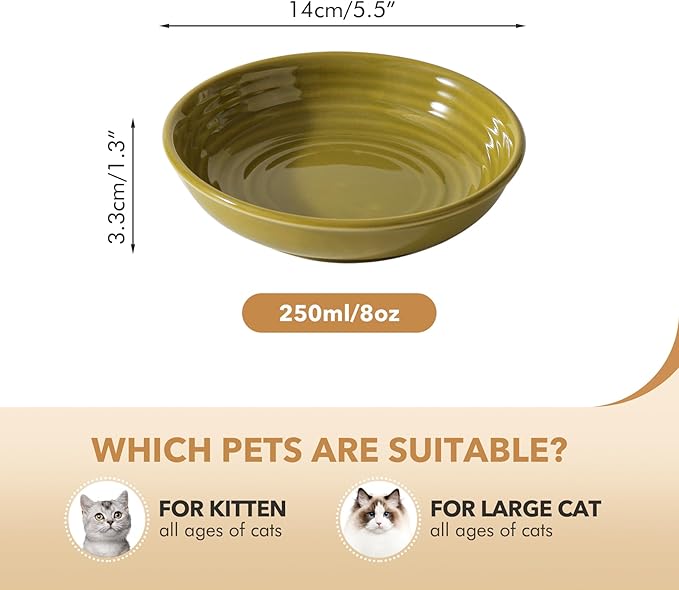 Ceramic Wide Whisker Friendly Cat Dishes, Set of 3 Ceramic Cat Bowls, Anti-Slip Indoor Kitten Feeding Food& Water Dish to Prevent Whisker Fatigue(3 Pcs, Matcha Green)