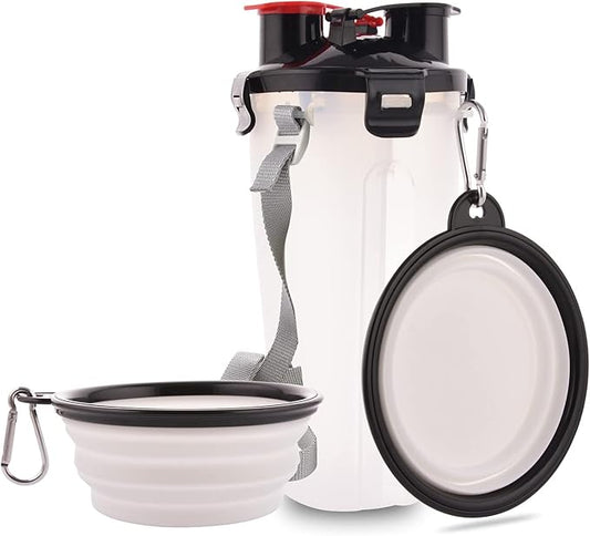 Dog Travel Water Bottle Collapsible Bowls, 2 in 1 Pet Food Container with Collapse Bowls, Outdoor Portable Water Bowls for Walking, Traveling, Camping and Hiking (White)