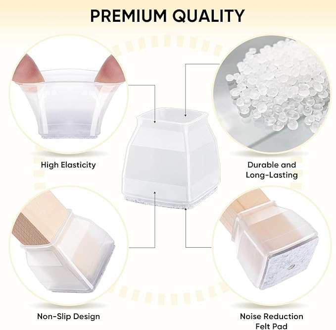 BALEINE 32 Pack Silicone Chair Leg Floor Protectors, Stool Leg Protectors Cap, Non-Slip Chair Leg Caps for Hardwood Floors (Clear & Large (Square), 32 Pack)