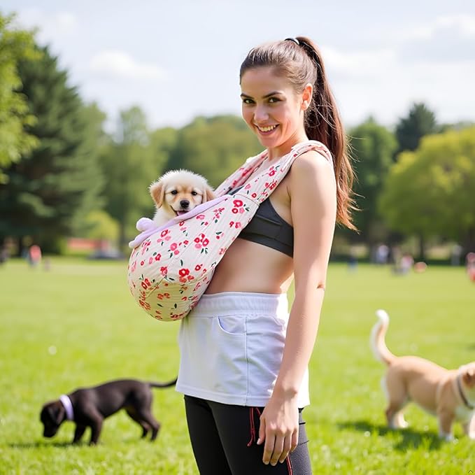 Floral Print Pet Carrier Bag for Small Dogs and Cats, 5-15 Lbs Pet Purse,Hands-Free Design Dog Purses(Red Floral, Small)