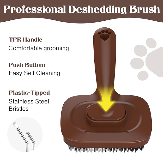 Self Cleaning Dog Brush for Shedding - Bristle Brush and Long/Short Needles Design, Skin Friendly, Slicker Deshedding Dog Brush, Hair Removal for Long & Short Haired Pets (Brown)