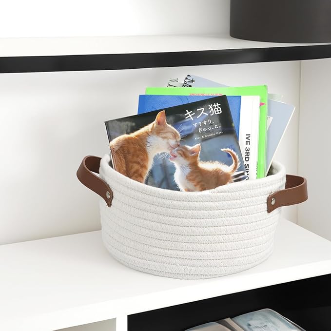 Small Woven Basket, Cute Mini Cotton Rope Storage Basket with leather handle, Tiny Decorative Round Storage Bin, Boho Empty Gift Baskets for Organizing, Toy Organizer for Nursery (Narrow handle)