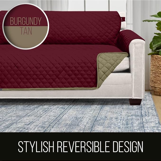 Sofa Shield Couch Slip Covers for Dogs, Reversible Furniture Protector with Strap, Stain and Tear Resistant Cushion Cover, 88 inch Seat, Machine Washable Slipcover Pets, Cats, Burgundy Tan