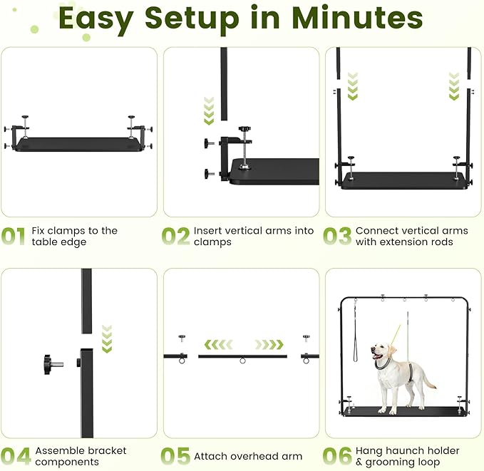 Dog Grooming Arm with Hammock & 2 Nooses - Adjustable Table Arm Height 20''-42'', Width 27''-39'', Table Clamp Up to 2.76'' Thickness, Pet Grooming Table Arm for Small Medium Breeds Up 70IB, Stable