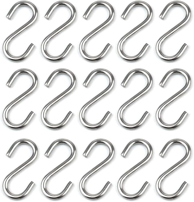15 Pack Heavy Duty Stainless Steel S Shaped Hooks 2.2 Inch Long 1/5 Inch Thickness S Metal Hooks