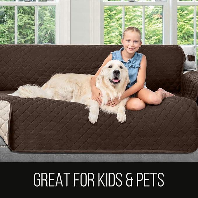 Sofa Shield Recliner Slip Cover with Patented Strap, Cushion Protector, US Designed Reversible Stain and Dog Tear Resistant Slipcover, 28 inch Seat, Washable Covers for Dogs Pets, Chocolate