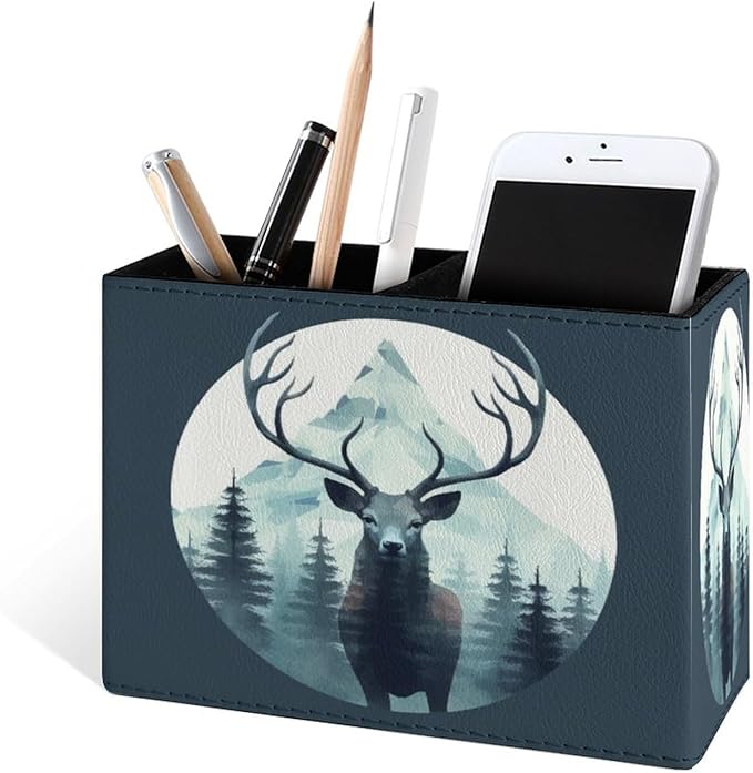 Famame Deer Head Trees Mountains Pencil Holder for Desk, Leather Desktop Container Pen Cup Storage Study Table Pen Organizer Makeup Brush Holder for Classroom Office Home