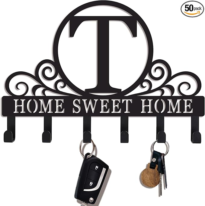 Metal Letter T Key Holder for Wall, Monogram Coat Rack Wall Mount, Key Hooks Perfect for Bathroom, Living Room, Kitchen, Office Ideal Wedding, Anniversary, Housewarming Gift (T)