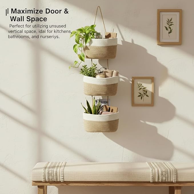 Hanging Wall Basket, Over the Door Hanging Basket with Hooks, 3-Tier Cotton Hanging Basket for Organizing, Decorative Boho Chic Decor for Wall, Bedroom, Living Room, Nursery, Whte & Jute