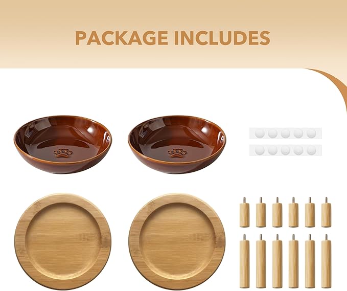 2 Sets of Elevated Ceramic Paw Print Cat Dish, Wide Whisker Friendly Anti-Slip Food & Water Bowl with 2 Heights Adjustable Stands - Pet Bowl Set for Cats (2 Dishes +2 Stands, Caramel Brown)