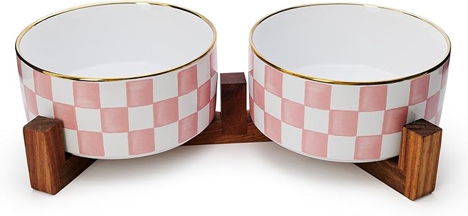 Ceramic Dog Bowls for Medium Dogs, 3.5 Cup Checkered Dog Food and Water Bowl with Acacia Wood Stand, Non-Slip Anti-Tip Elevated Feeding Station, Pink and White