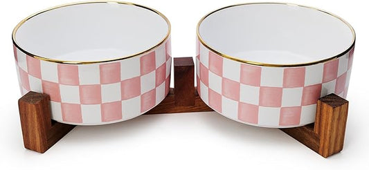 Ceramic Dog Bowls for Medium Dogs, 3.5 Cup Checkered Dog Food and Water Bowl with Acacia Wood Stand, Non-Slip Anti-Tip Elevated Feeding Station, Pink and White