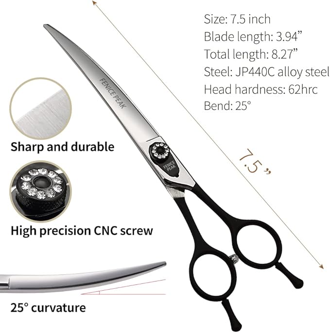 Fenice 7.5" Professional Grooming Scissors for Dogs, Made of Japanese Stainless Steel, Curved Shears (Black)