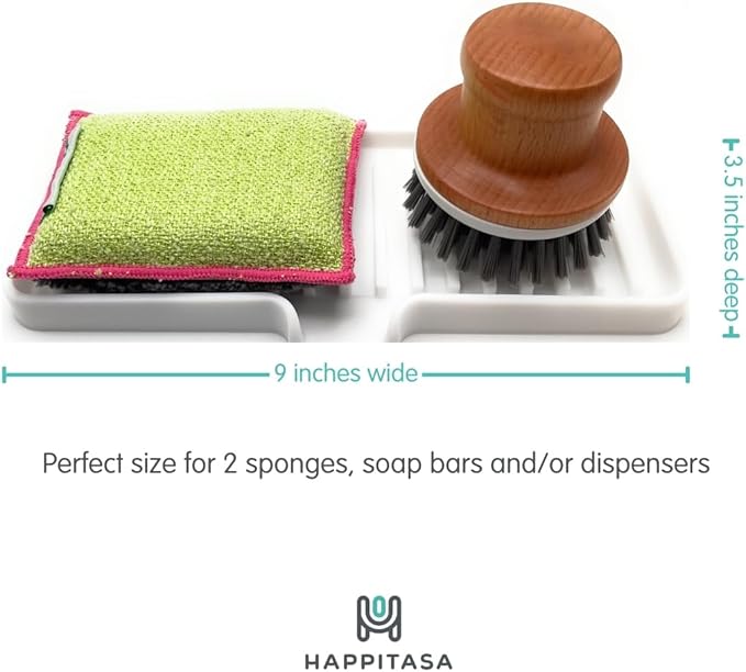 Happitasa Silicone Soap Dish Tray and Sponge Holder with Drain Chute | Bathroom and Kitchen Sink Organizer Caddy (Dark Chocolate, 9"x3.5", 5.6 Ounces)