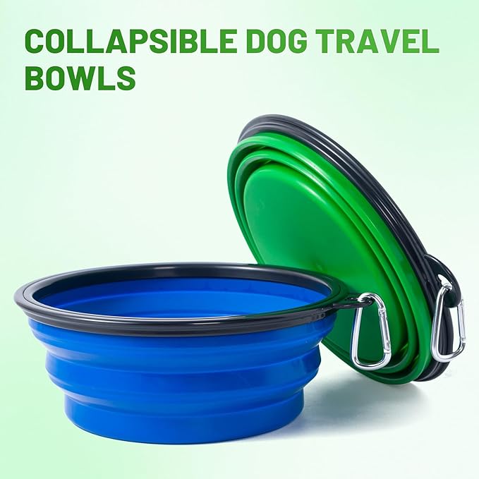 Dog Bowl Pet Collapsible Bowls, 2 Pack Collapsible Dog Water Bowls for Large Dogs Cats, Portable Pet Feeding Watering Dish for Walking Parking Traveling with 2 Carabiners (Blue+Green, Jumbo)