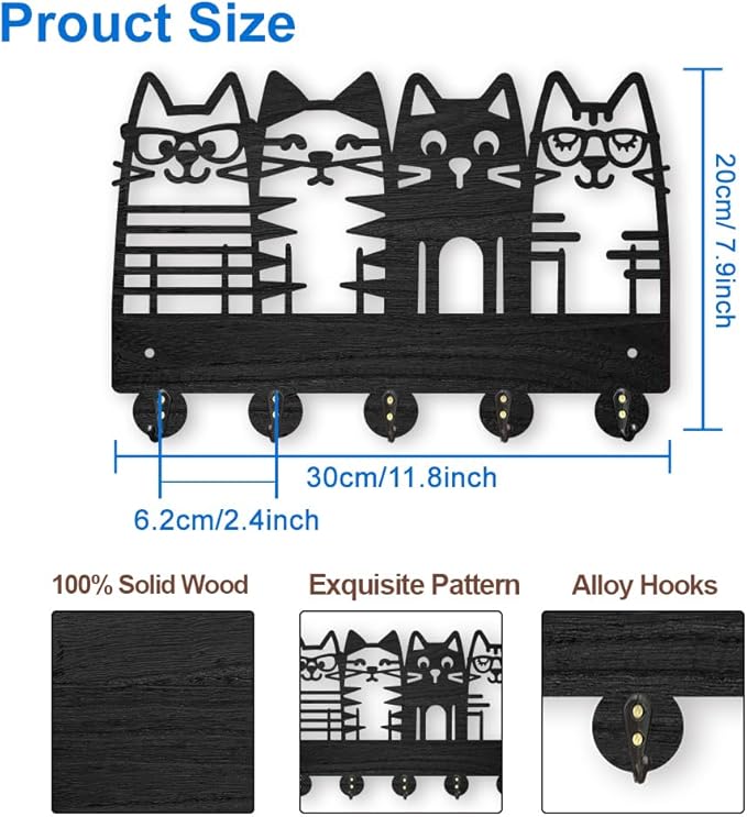 MAYJOYDIY Cat Coat Hooks Wall Mount 4 Cat Wearing Glasses Wood Key Holder for Wall 11.8×7.9inch Black Pet Animal Wall Art Decor Key Hooks 5 Alloy Hooks for Gift Entryway Living Room Kitchen Office