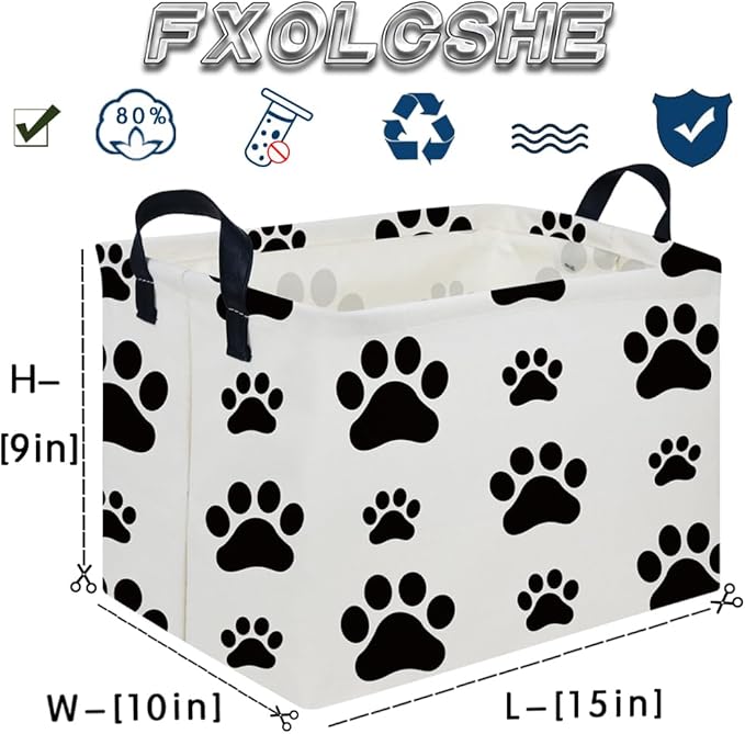 FXOCSHE Rectangular Dog Basket,Nursery Hamper,Collapsible canvas kids toy storage box,Kids room storage basket,Pet decor(Dog paw)