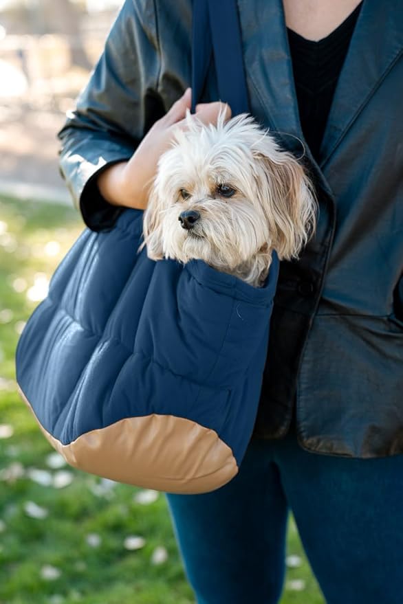 NoblePup Plush Dog Purse Carrier for Small Dogs, Soft Dog Tote Bag with Safety Harness Clip, Cozy Pet Carrier for Dogs Under 15 lbs, Comfortable Dog Shoulder Carrier for Travel, Dark Blue