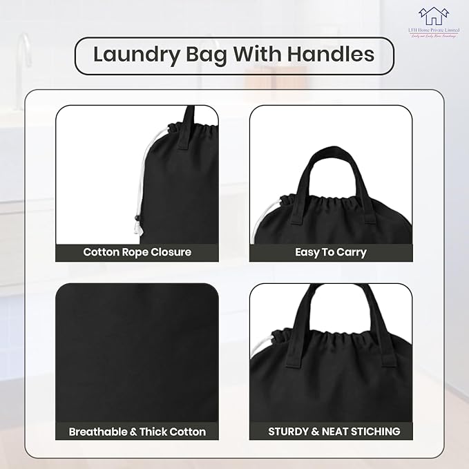 LFH Home Large Premium Cotton Canvas Laundry Bag with Drawstring and Handles Heavy Duty, Multi-Use, and Washable for Home, Travel, College or Storage 24x36 (Pack of 2)-Black
